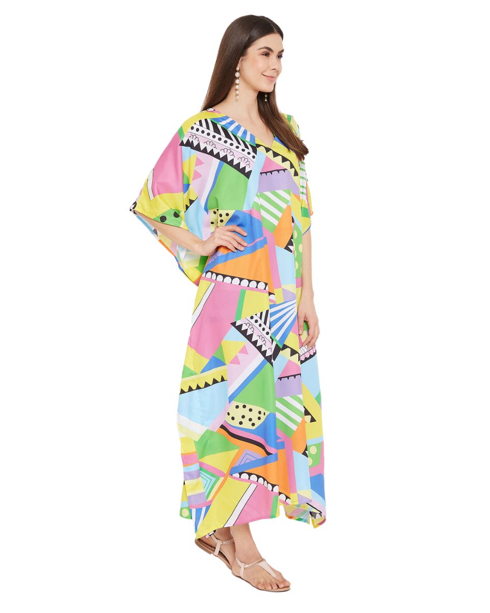 Geometric Print Multicolor Polyester Plus Size Kaftan Dress For Women