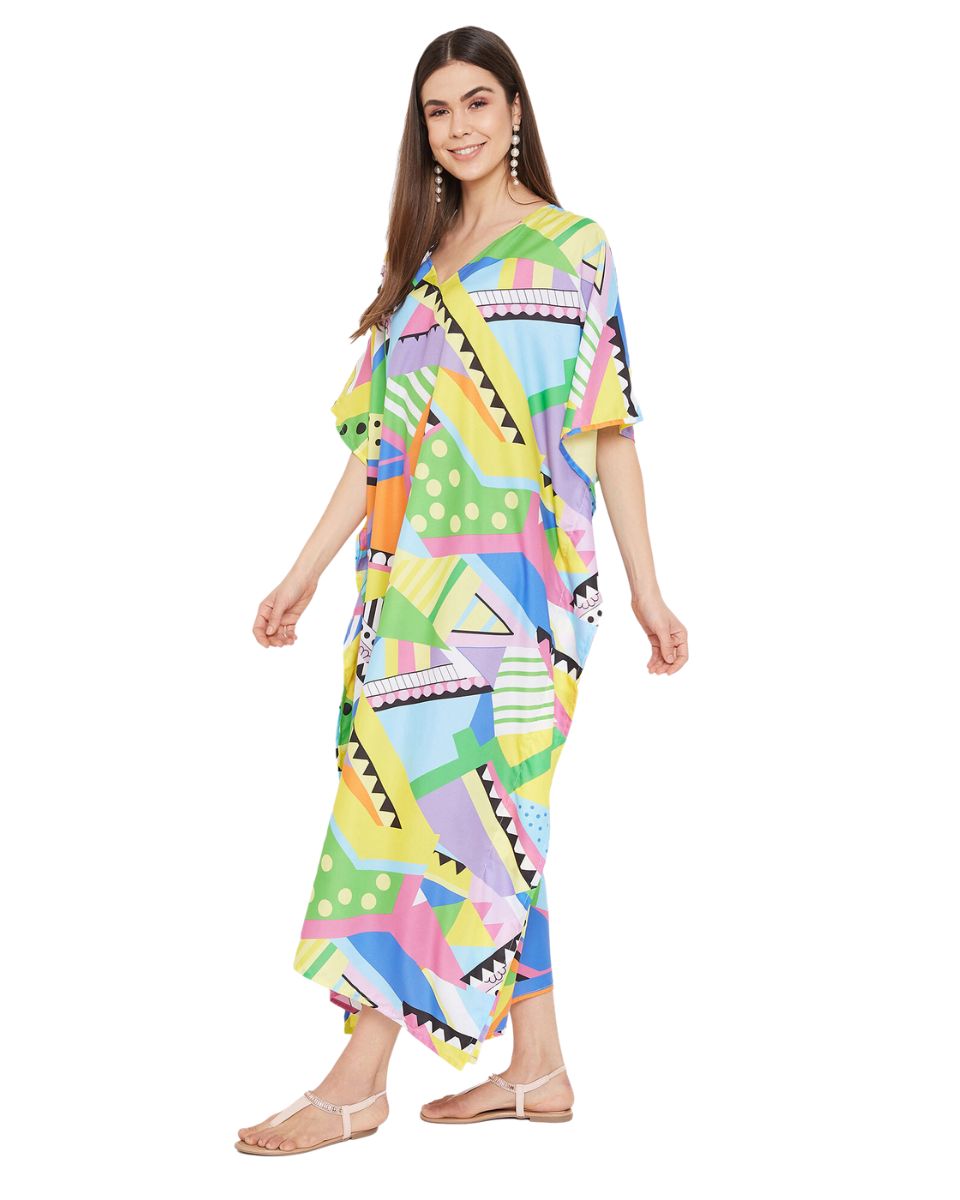 Geometric Print Multicolor Polyester Plus Size Kaftan Dress For Women