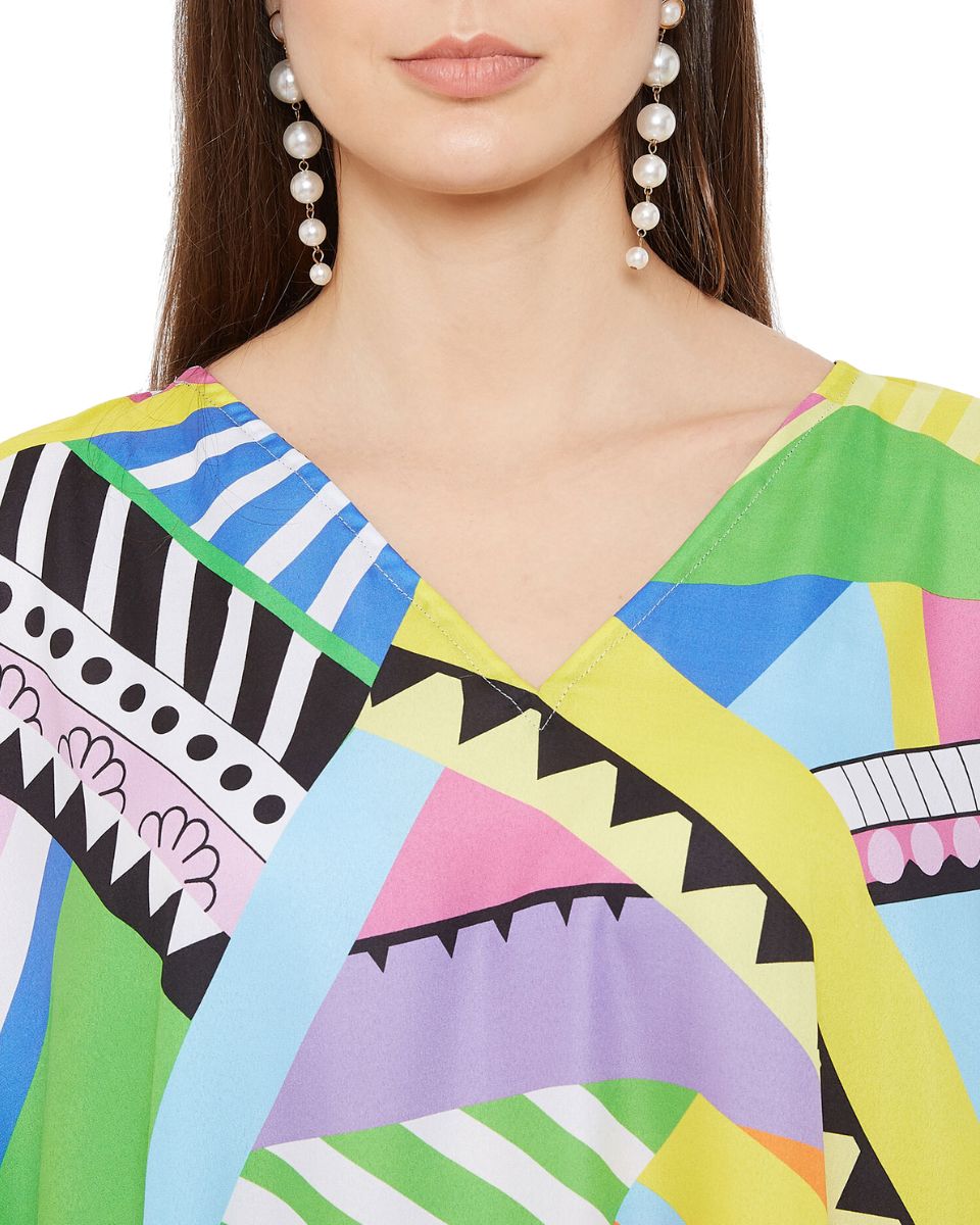 Geometric Print Multicolor Polyester Plus Size Kaftan Dress For Women