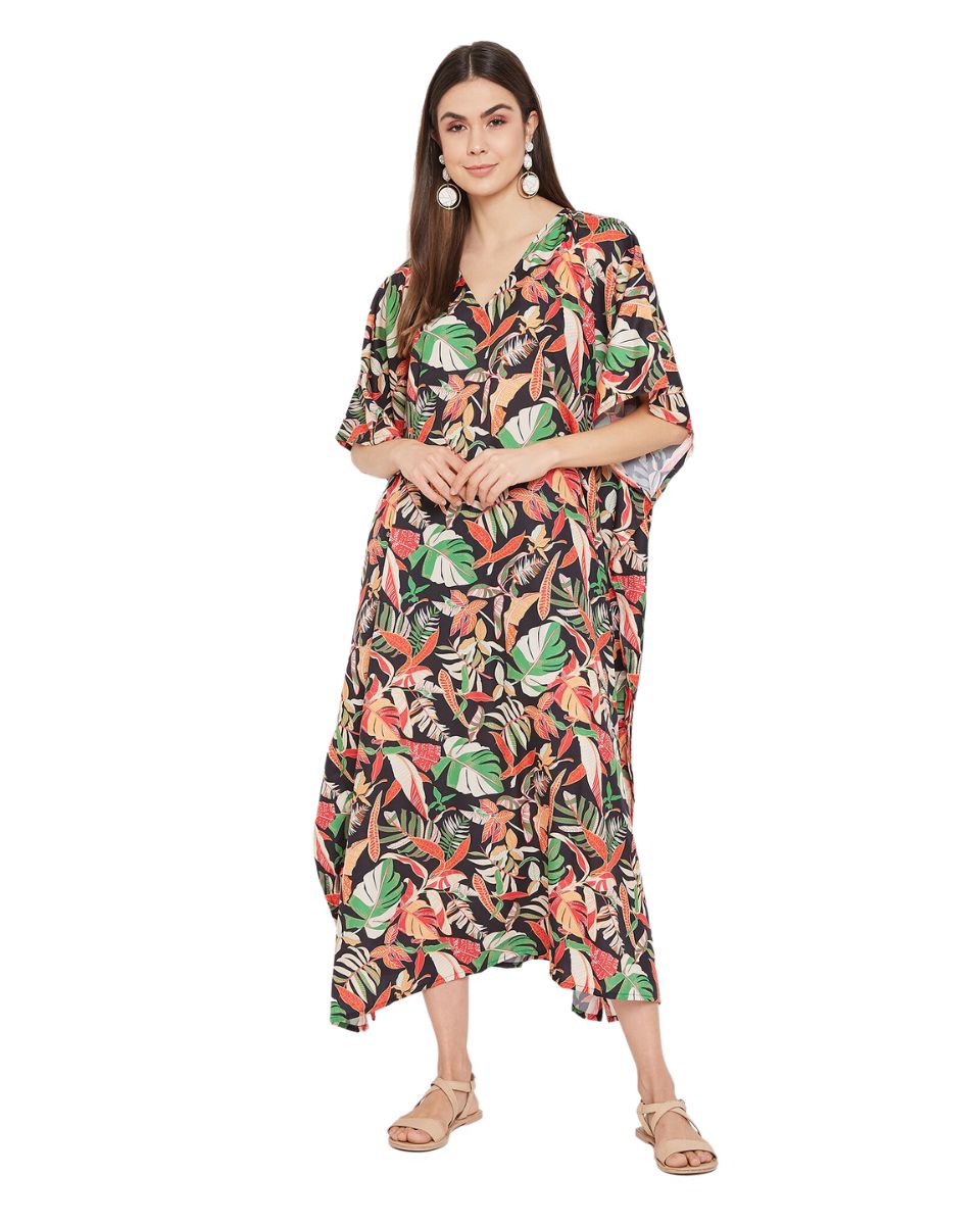Leaf Printed Multicolor Plus Size Polyester Kaftan Dress For Women
