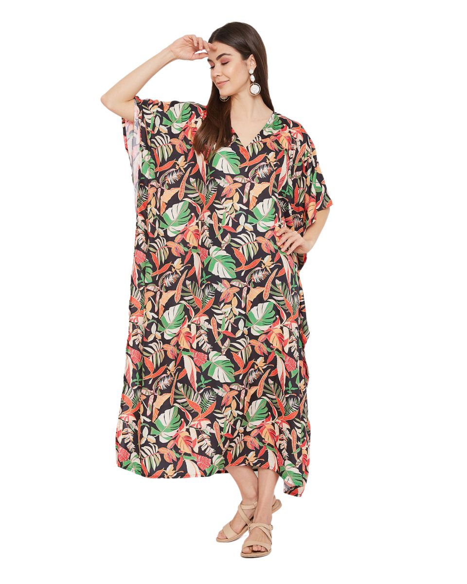 Leaf Printed Multicolor Plus Size Polyester Kaftan Dress For Women