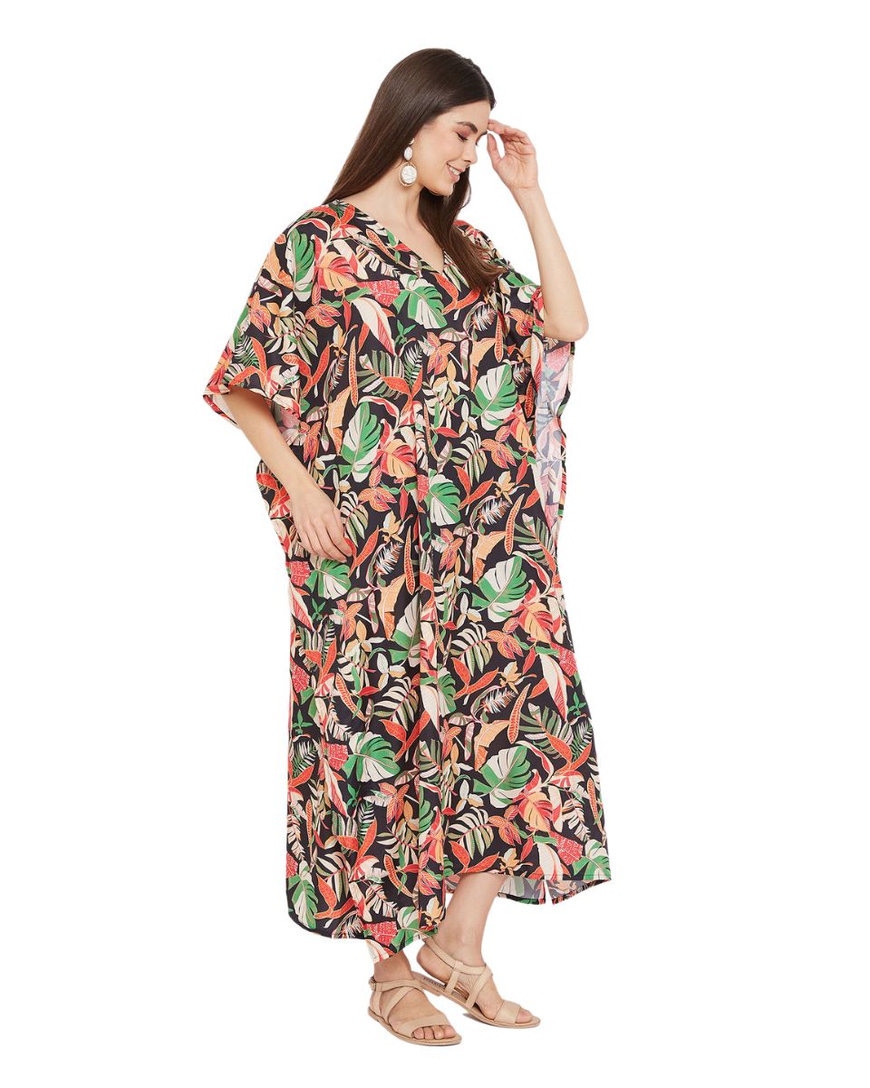 Leaf Printed Multicolor Plus Size Polyester Kaftan Dress For Women