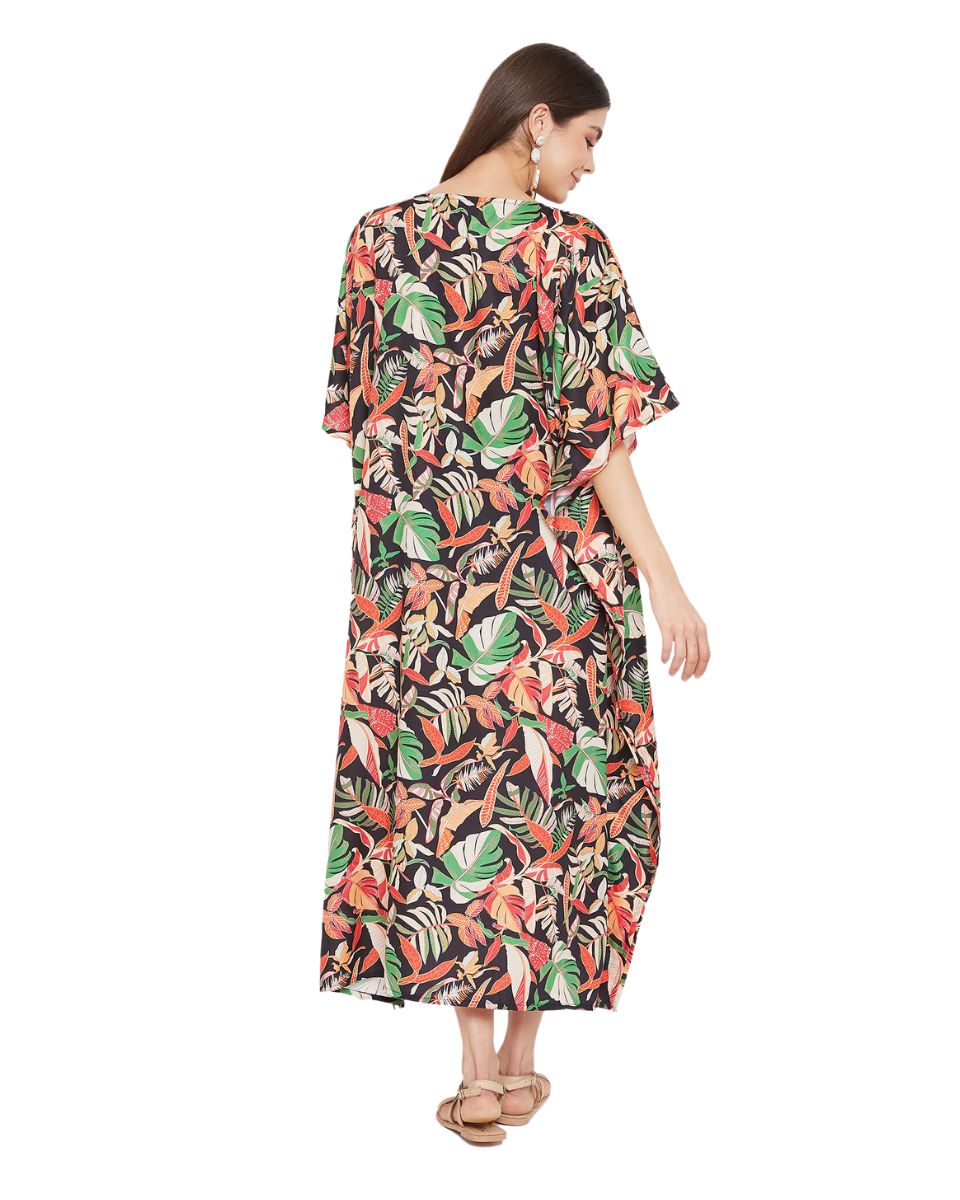 Leaf Printed Multicolor Plus Size Polyester Kaftan Dress For Women