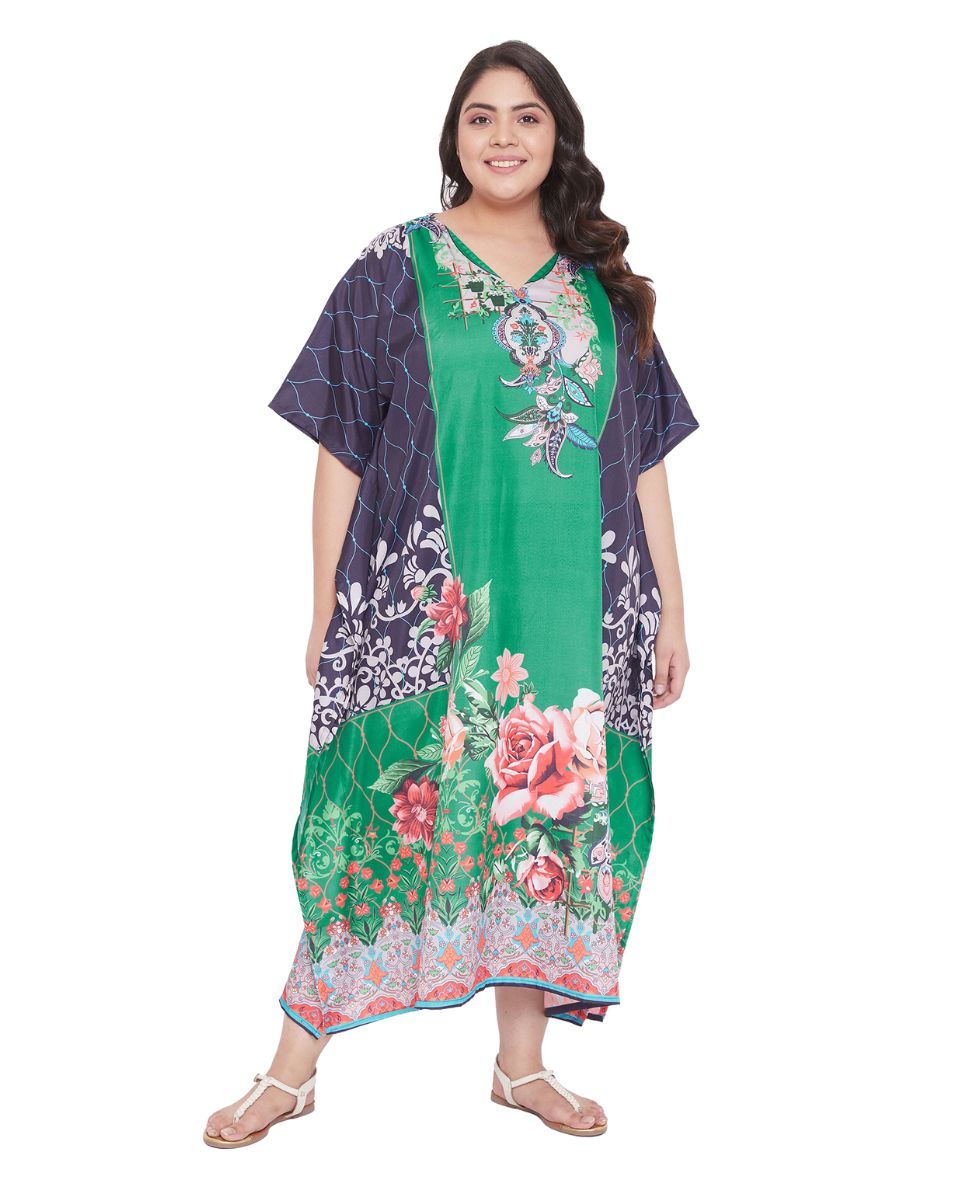 Floral Printed Green Polyester Kaftan Plus Size Dress For Women