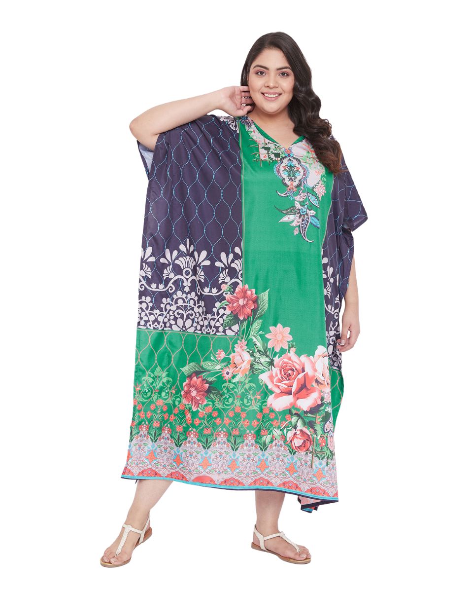 Floral Printed Green Polyester Kaftan Plus Size Dress For Women