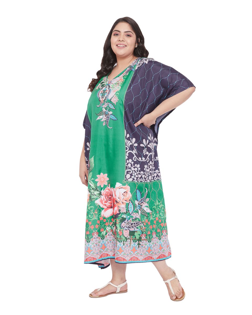 Floral Printed Green Polyester Kaftan Plus Size Dress For Women