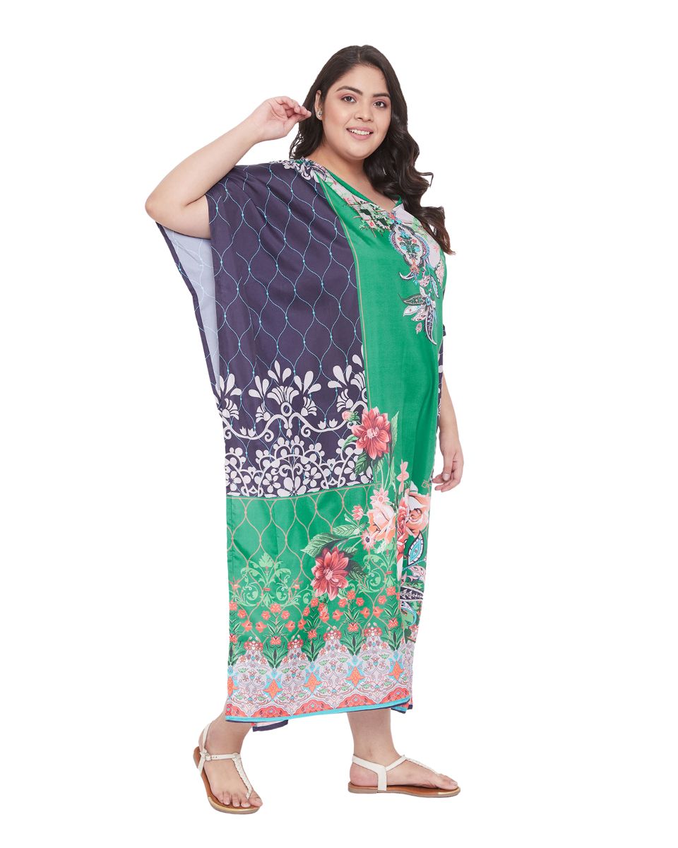 Floral Printed Green Polyester Kaftan Plus Size Dress For Women