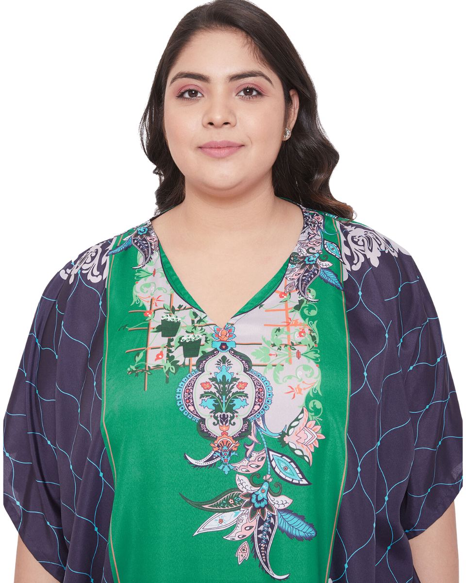 Floral Printed Green Polyester Kaftan Plus Size Dress For Women