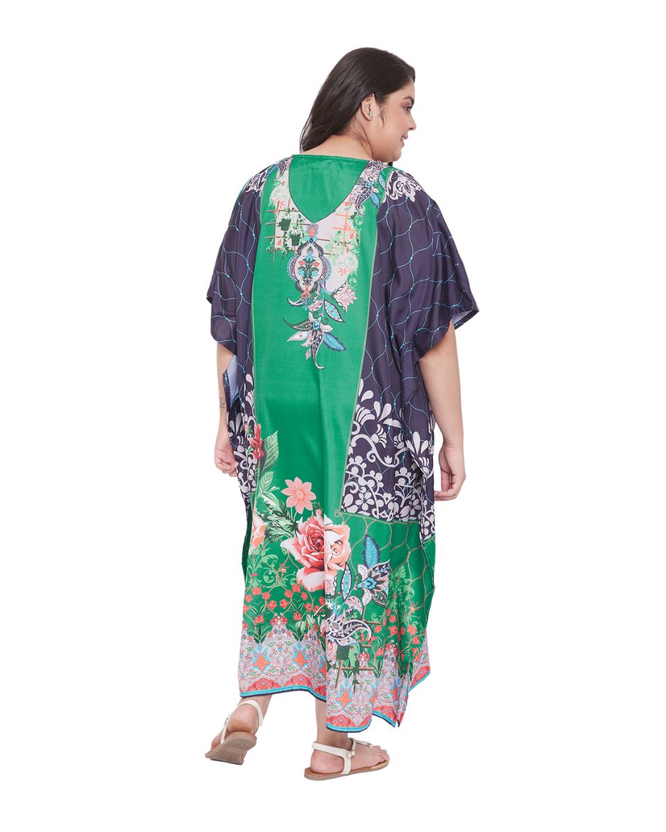Floral Printed Green Polyester Kaftan Plus Size Dress For Women