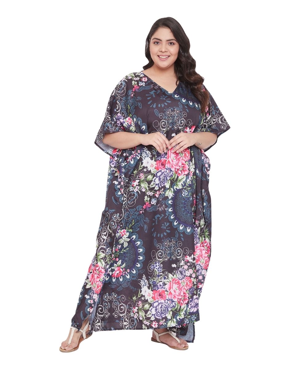 Floral Printed Multicolor Polyester Plus Size Kaftan Dress For Women
