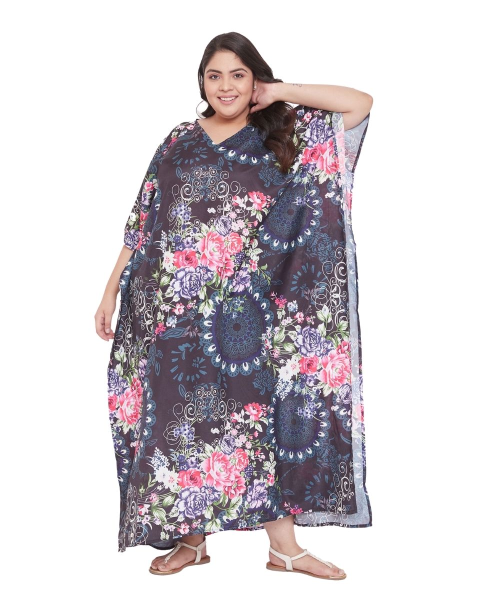 Floral Printed Multicolor Polyester Plus Size Kaftan Dress For Women