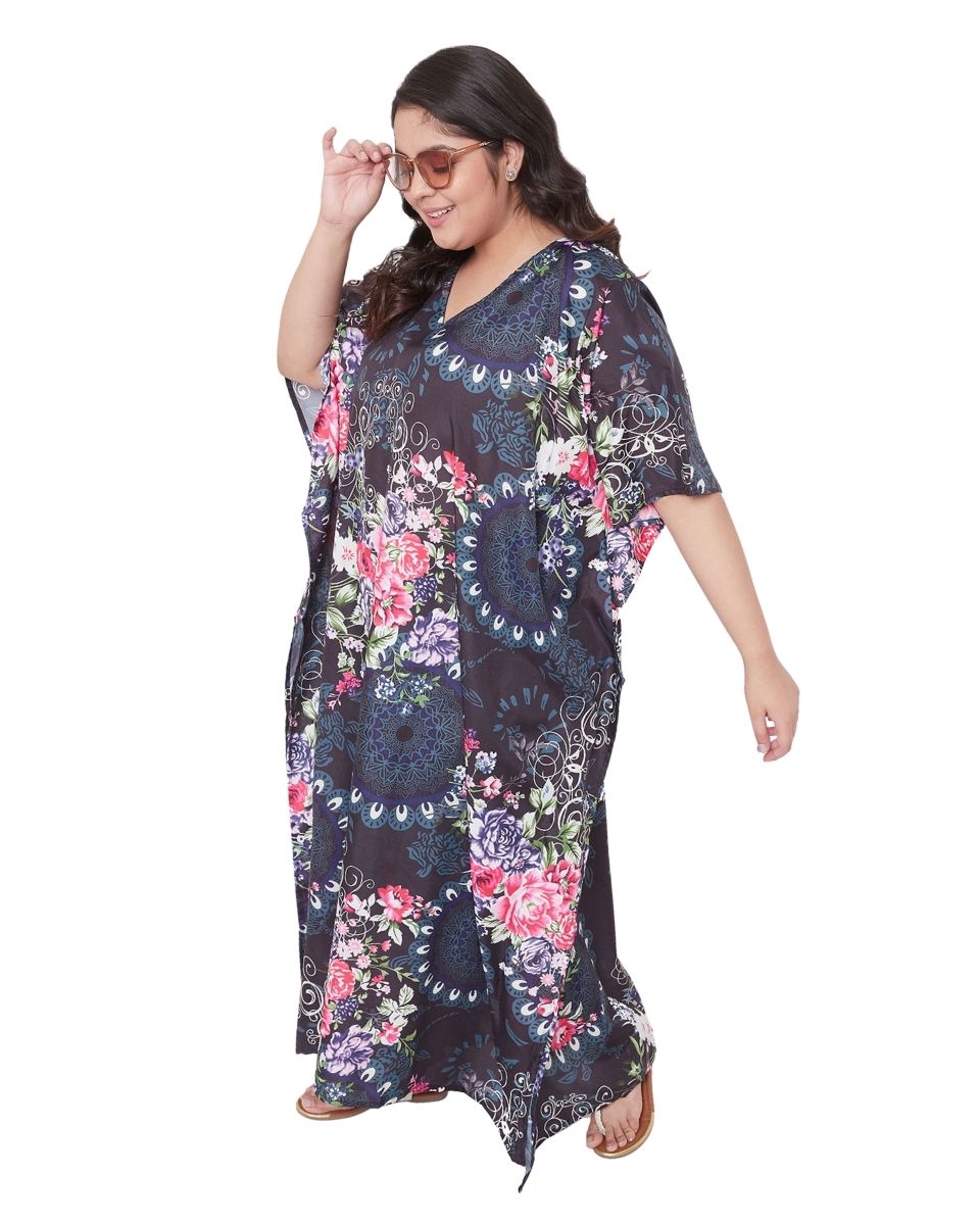 Floral Printed Multicolor Polyester Plus Size Kaftan Dress For Women