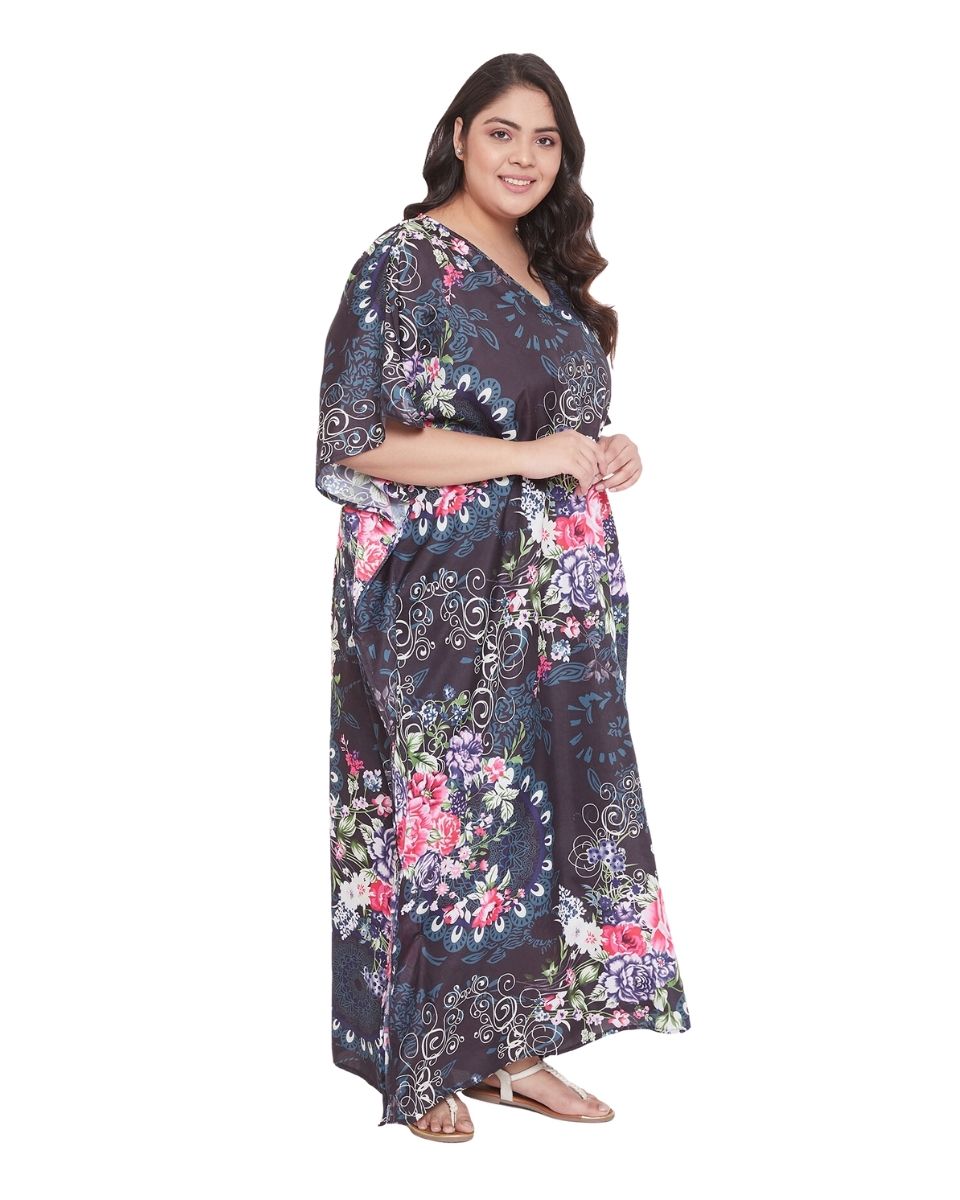 Floral Printed Multicolor Polyester Plus Size Kaftan Dress For Women