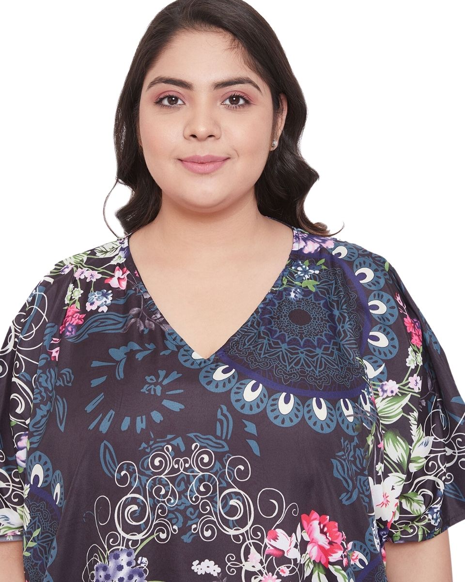Floral Printed Multicolor Polyester Plus Size Kaftan Dress For Women