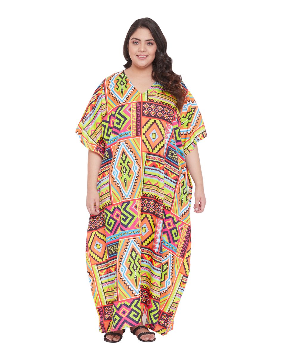 Abstract Printed Multicolor Polyester Plus Size Kaftan Dress For Women