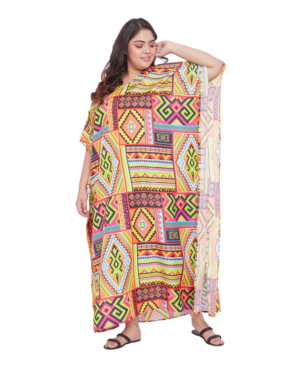 Abstract Printed Multicolor Polyester Plus Size Kaftan Dress For Women