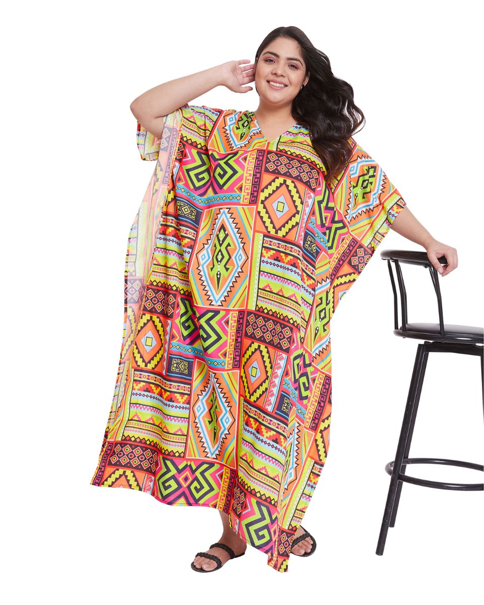 Abstract Printed Multicolor Polyester Plus Size Kaftan Dress For Women