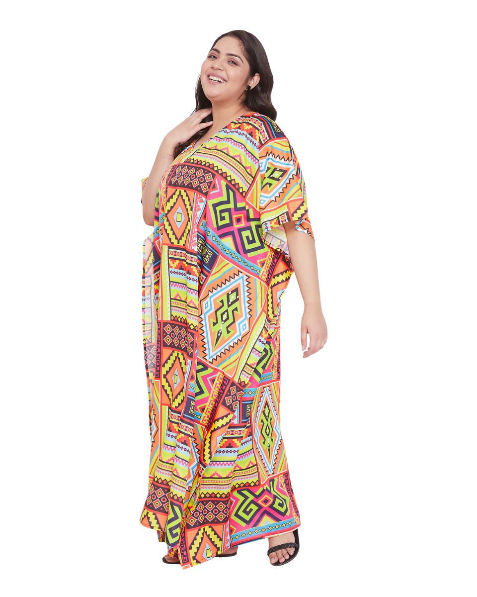 Abstract Printed Multicolor Polyester Plus Size Kaftan Dress For Women