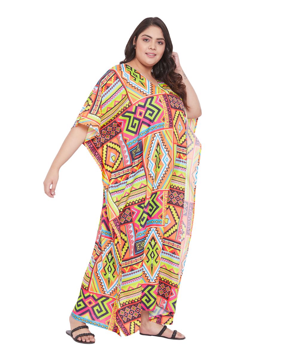 Abstract Printed Multicolor Polyester Plus Size Kaftan Dress For Women