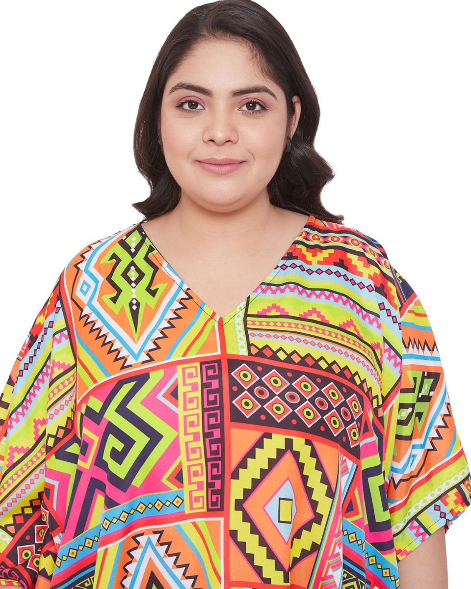 Abstract Printed Multicolor Polyester Plus Size Kaftan Dress For Women