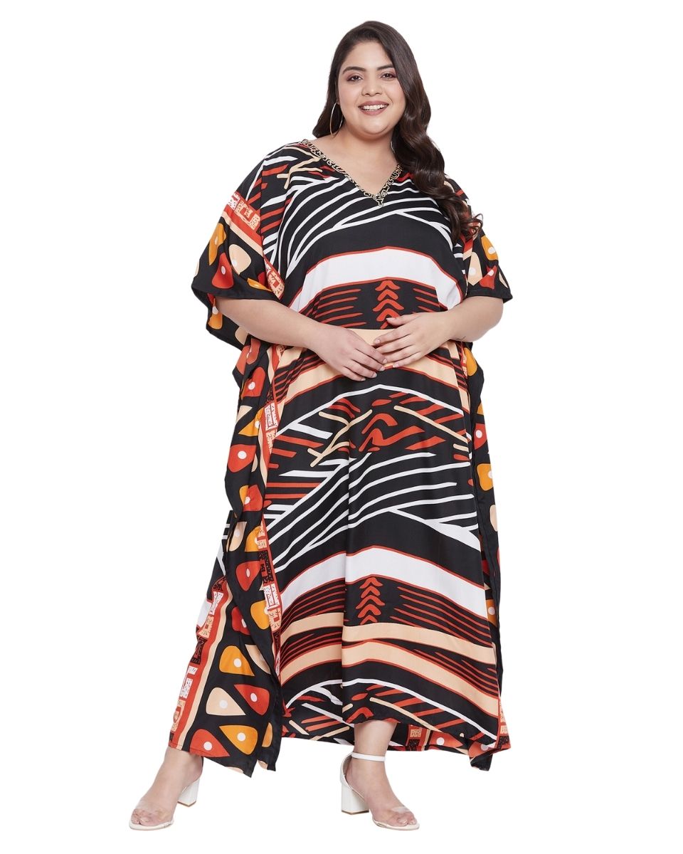 Abstract Printed Multicolor Polyester Kaftan Dress For Plus Size Women
