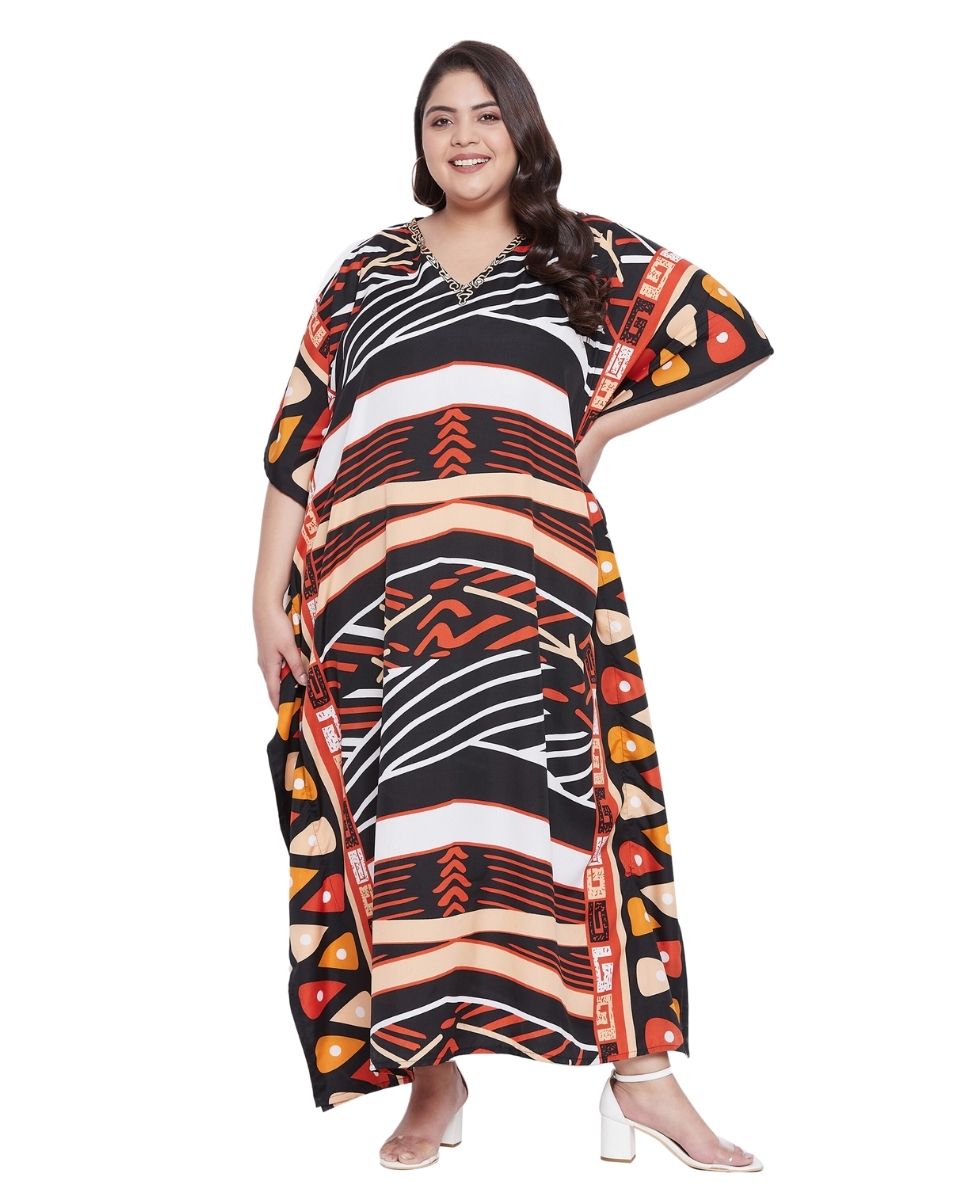 Abstract Printed Multicolor Polyester Kaftan Dress For Plus Size Women