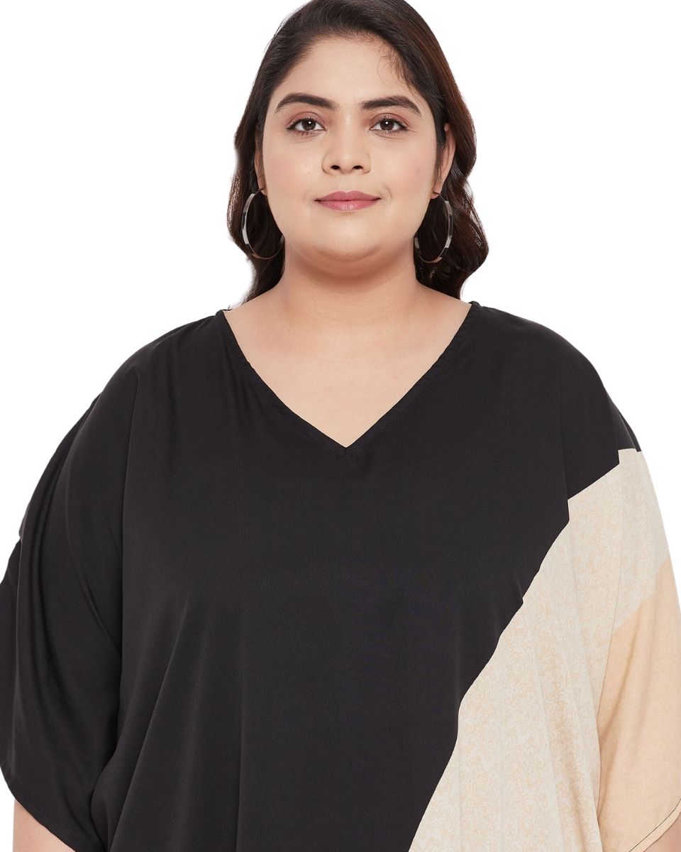Abstract Black and Cream Polyester Women Plus Size Caftan Dress