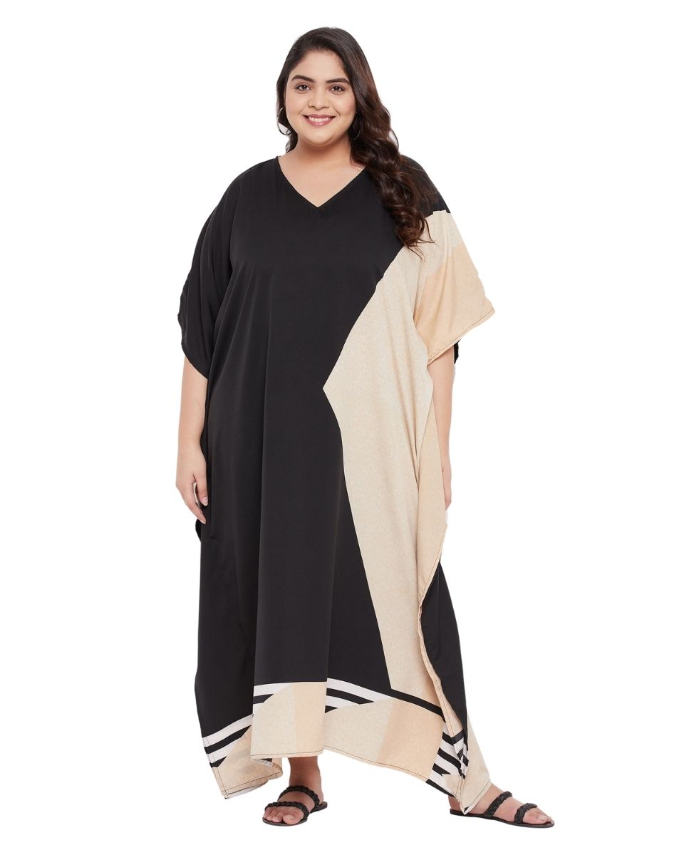 Abstract Black and Cream Polyester Women Plus Size Caftan Dress