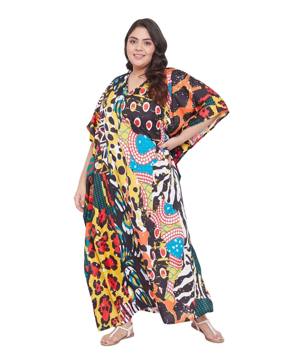 Abstract Printed Multicolor Polyester Kaftan Dress For plus Size Women