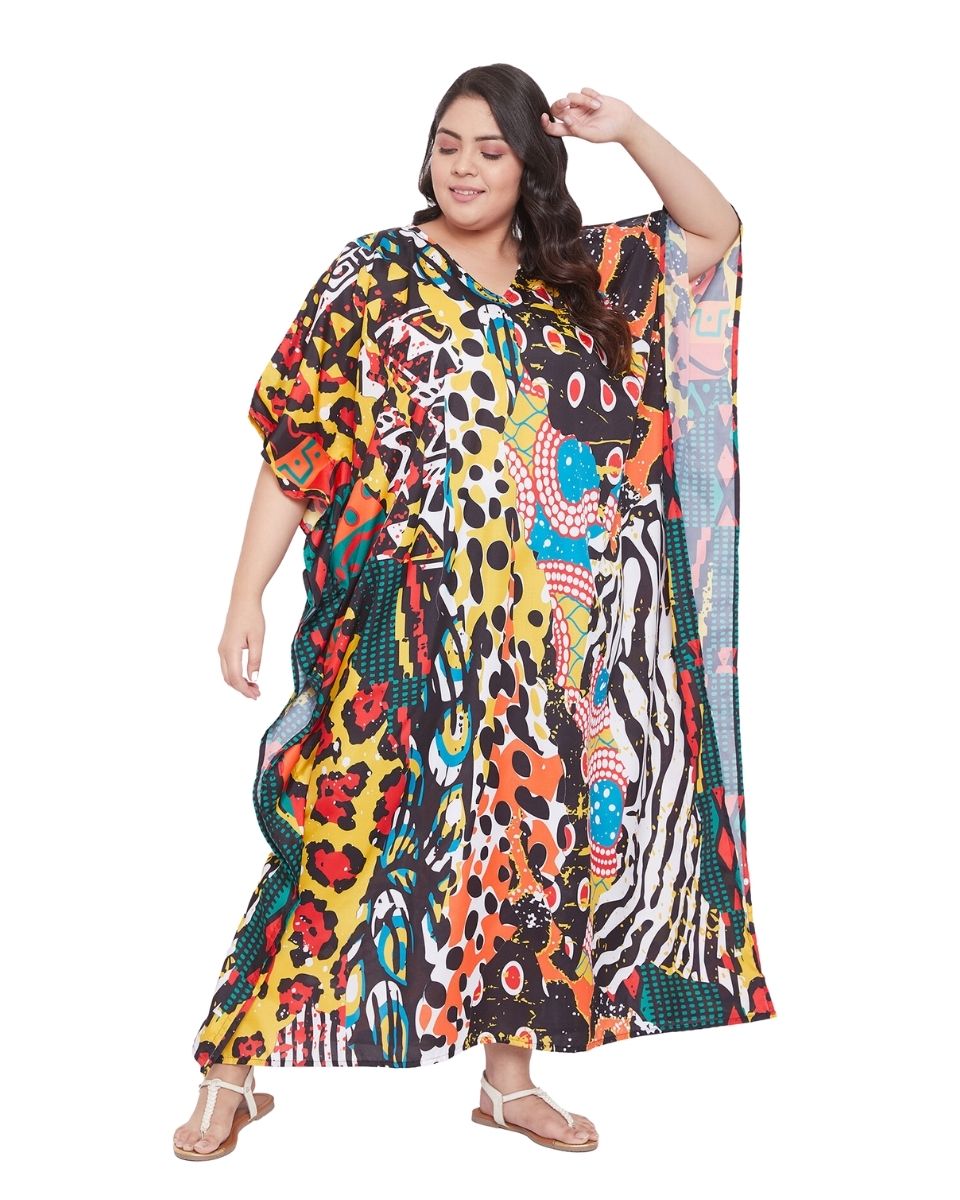 Abstract Printed Multicolor Polyester Kaftan Dress For plus Size Women