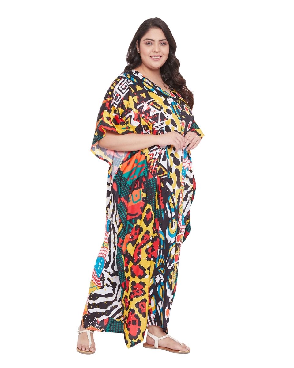 Abstract Printed Multicolor Polyester Kaftan Dress For plus Size Women
