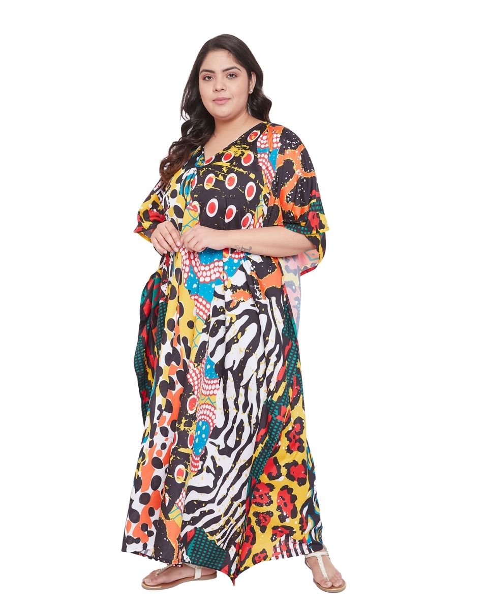 Abstract Printed Multicolor Polyester Kaftan Dress For plus Size Women