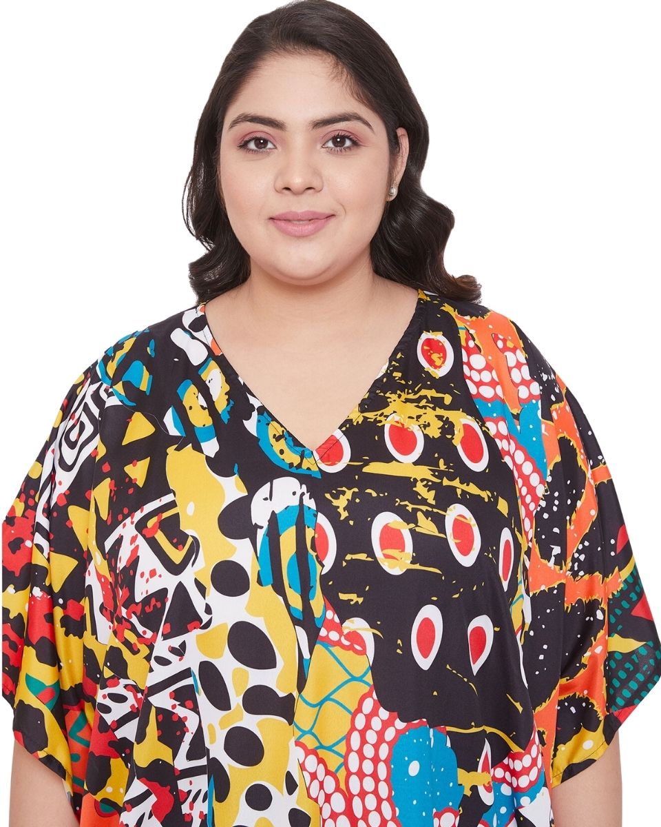 Abstract Printed Multicolor Polyester Kaftan Dress For plus Size Women