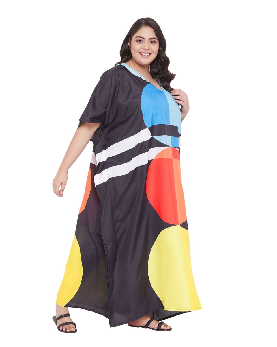 Geometric Print Black Multicolor Polyester Kaftan For Plus Size Women
