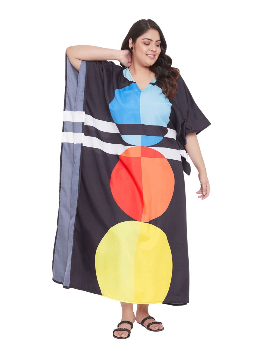 Geometric Print Black Multicolor Polyester Kaftan For Plus Size Women