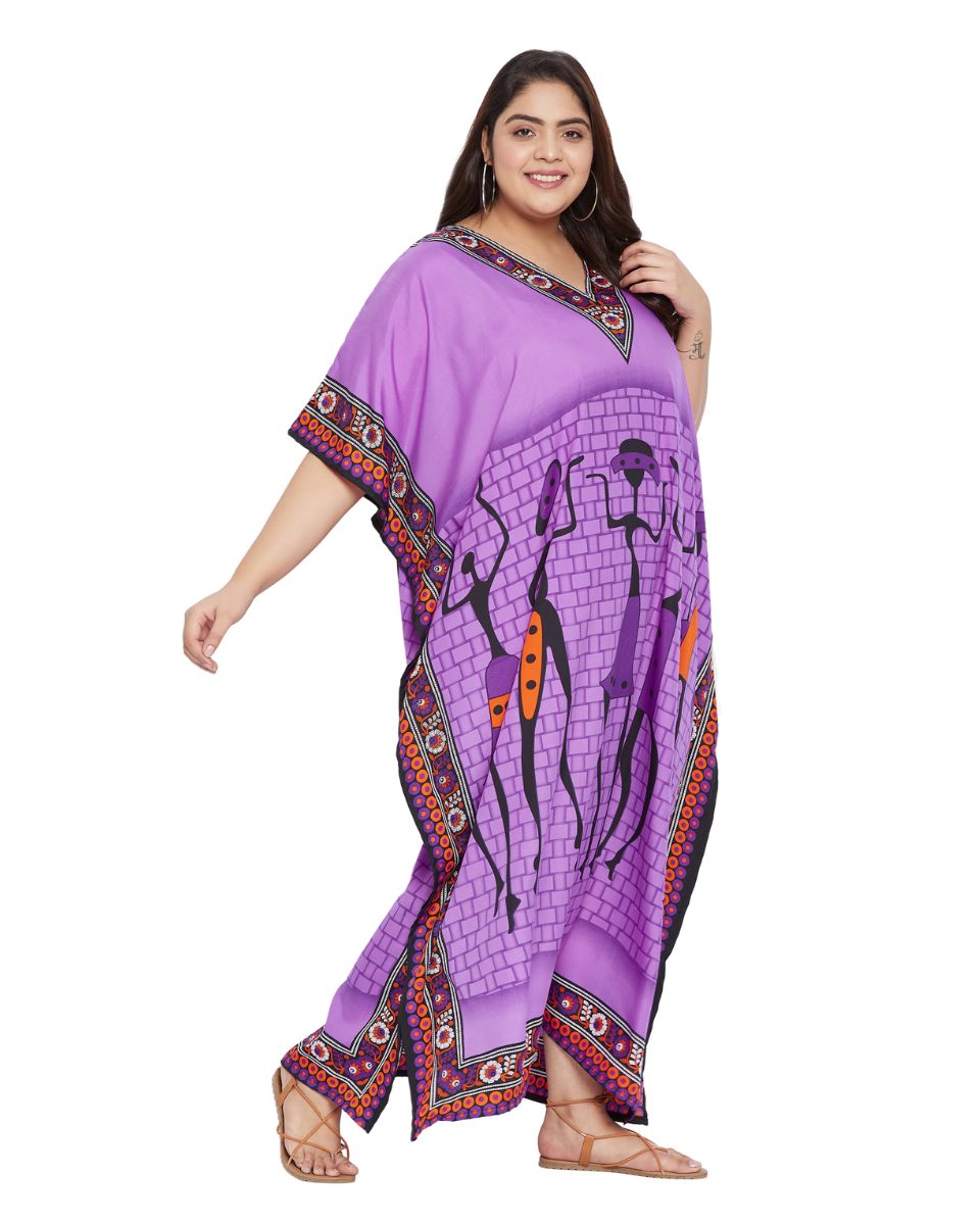 Women Purple Polyester Tribal Printed Kaftan Plus Size Dress