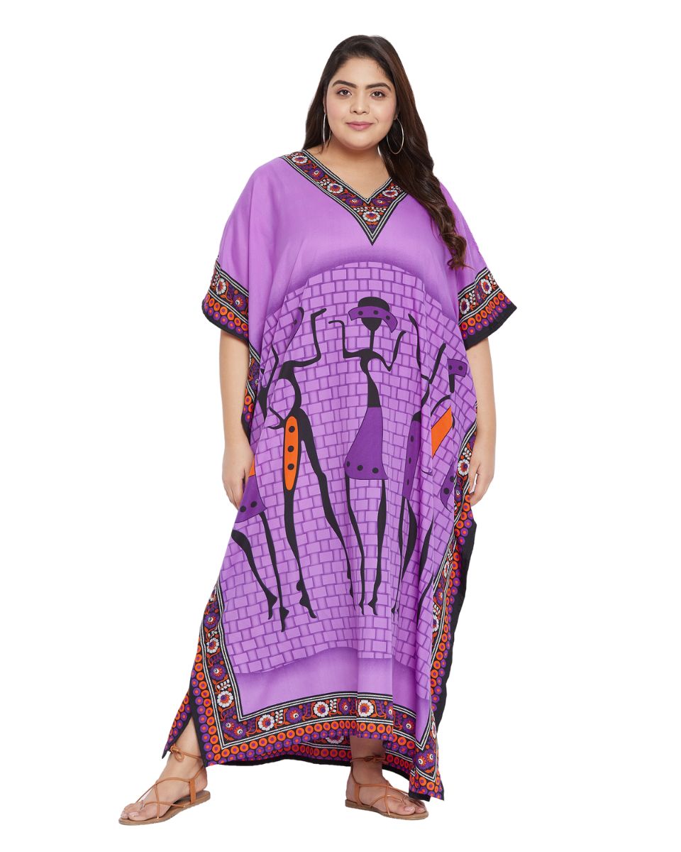 Women Purple Polyester Tribal Printed Kaftan Plus Size Dress