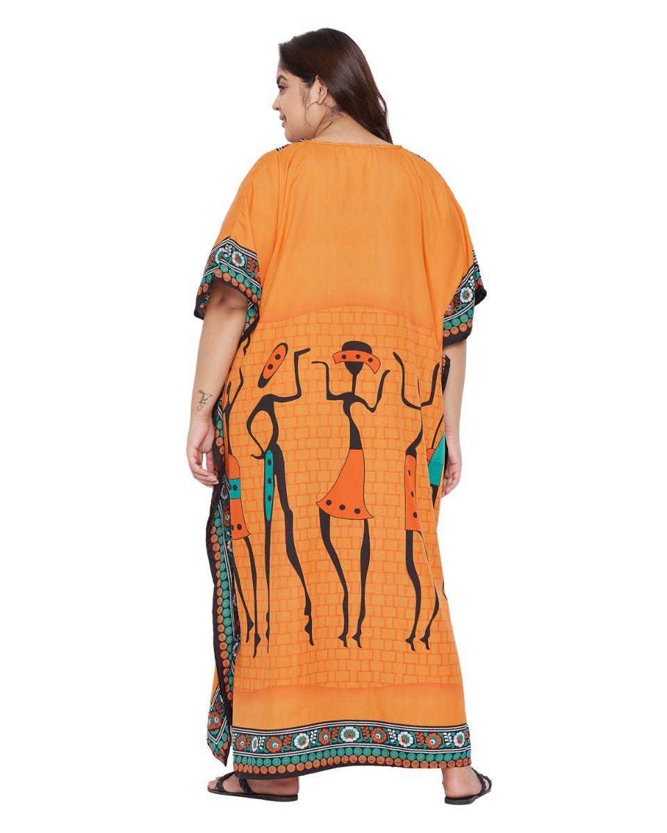 Orange Polyester Plus Size Kaftan Tribal Printed For Women