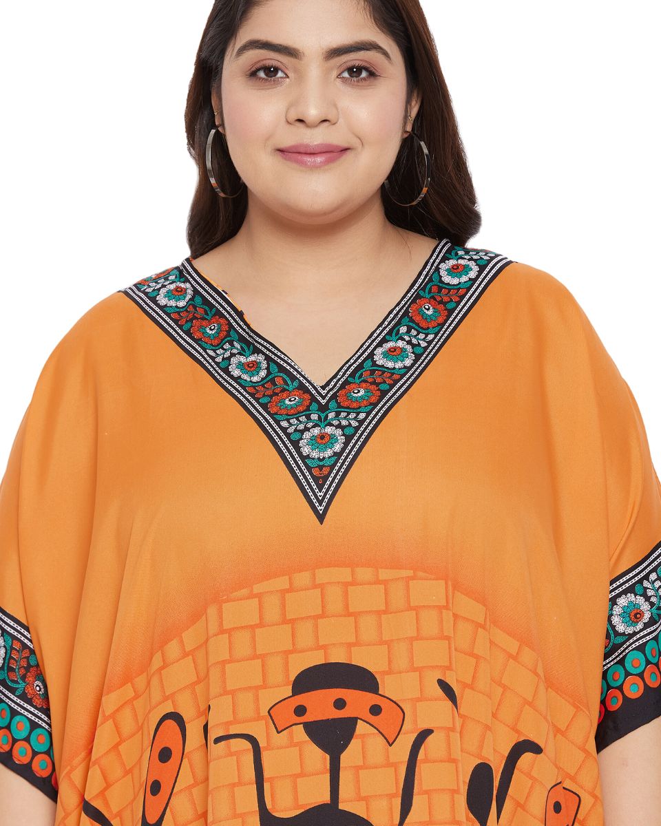Orange Polyester Plus Size Kaftan Tribal Printed For Women