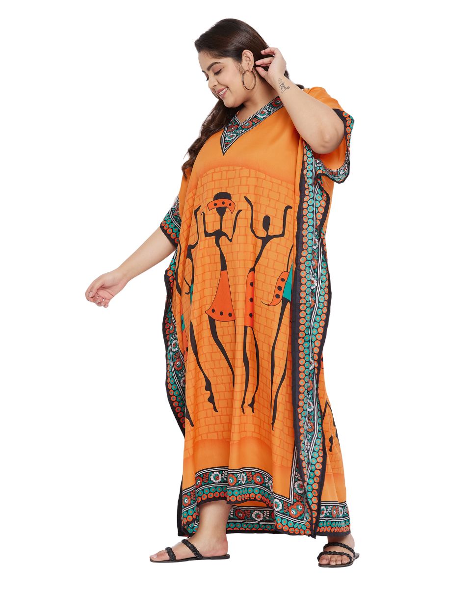 Orange Polyester Plus Size Kaftan Tribal Printed For Women