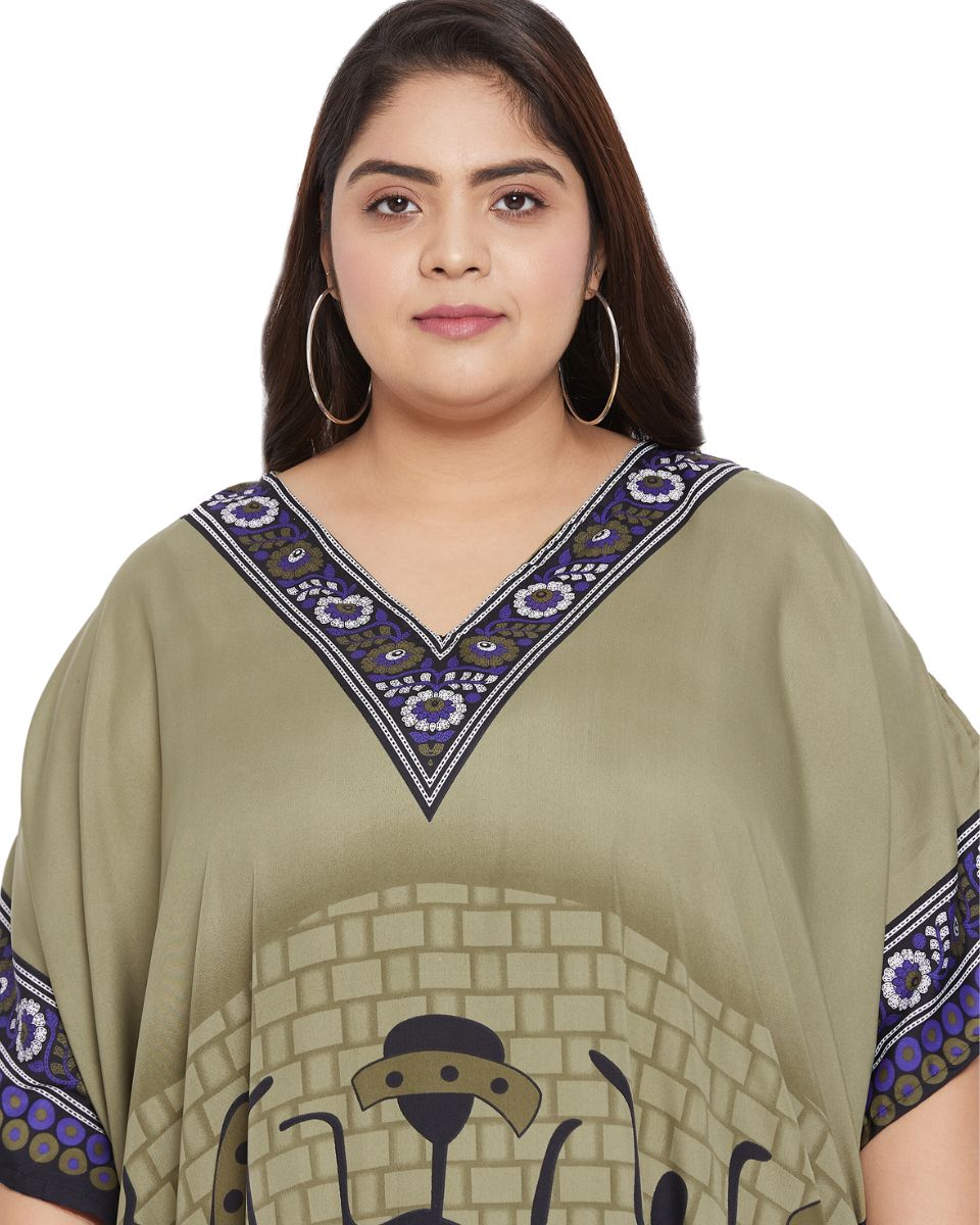 Women Plus Size Dress Tribal Printed Green Polyester Kaftan