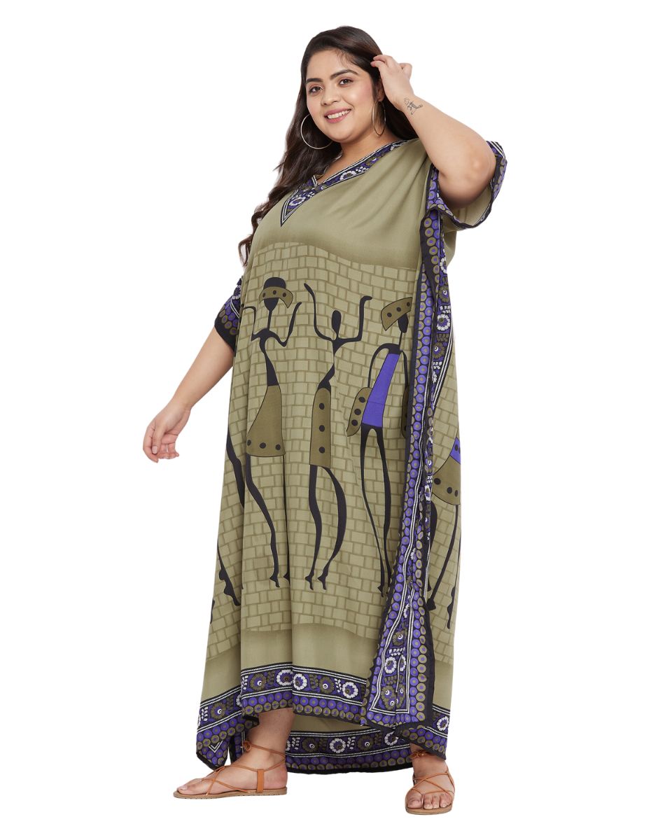 Women Plus Size Dress Tribal Printed Green Polyester Kaftan