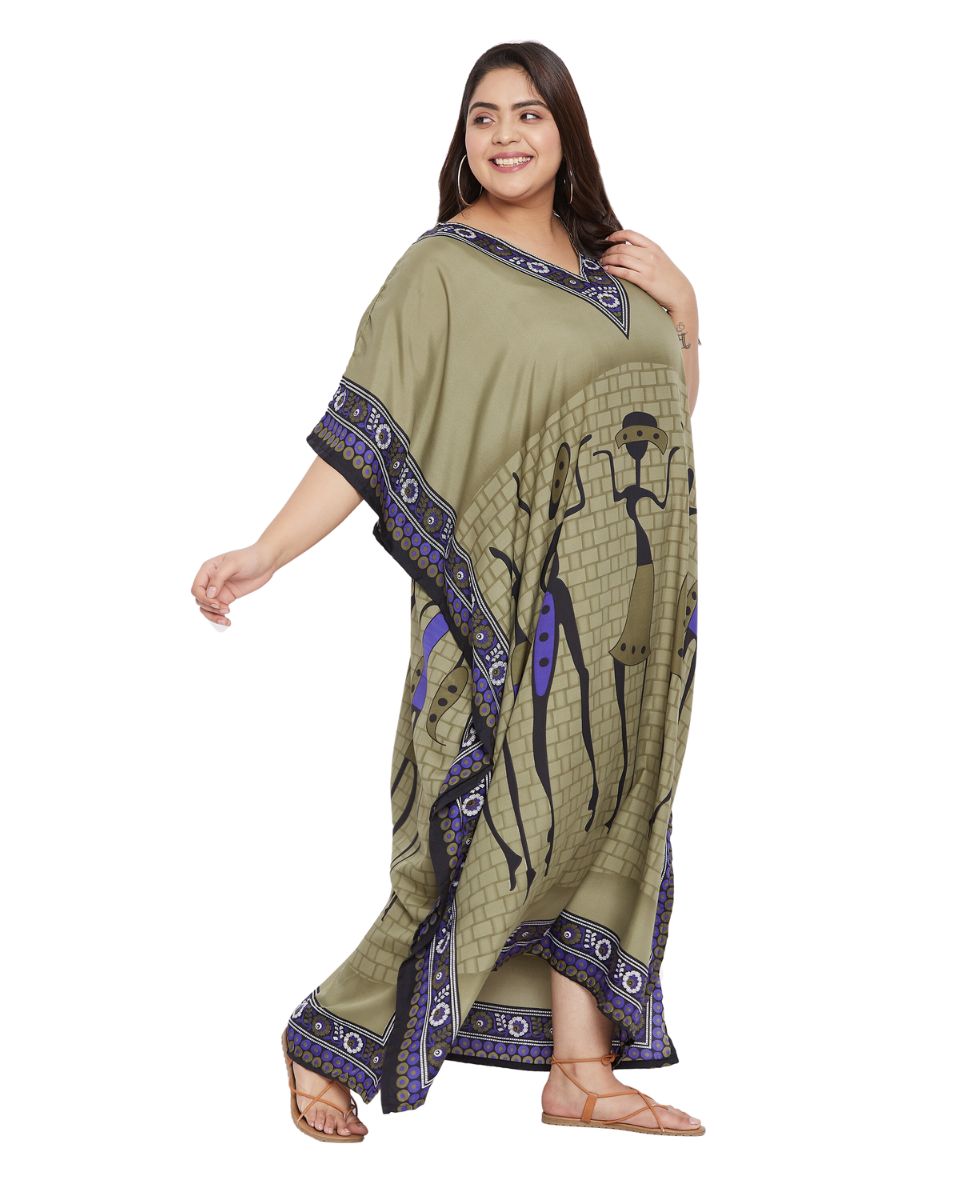 Women Plus Size Dress Tribal Printed Green Polyester Kaftan