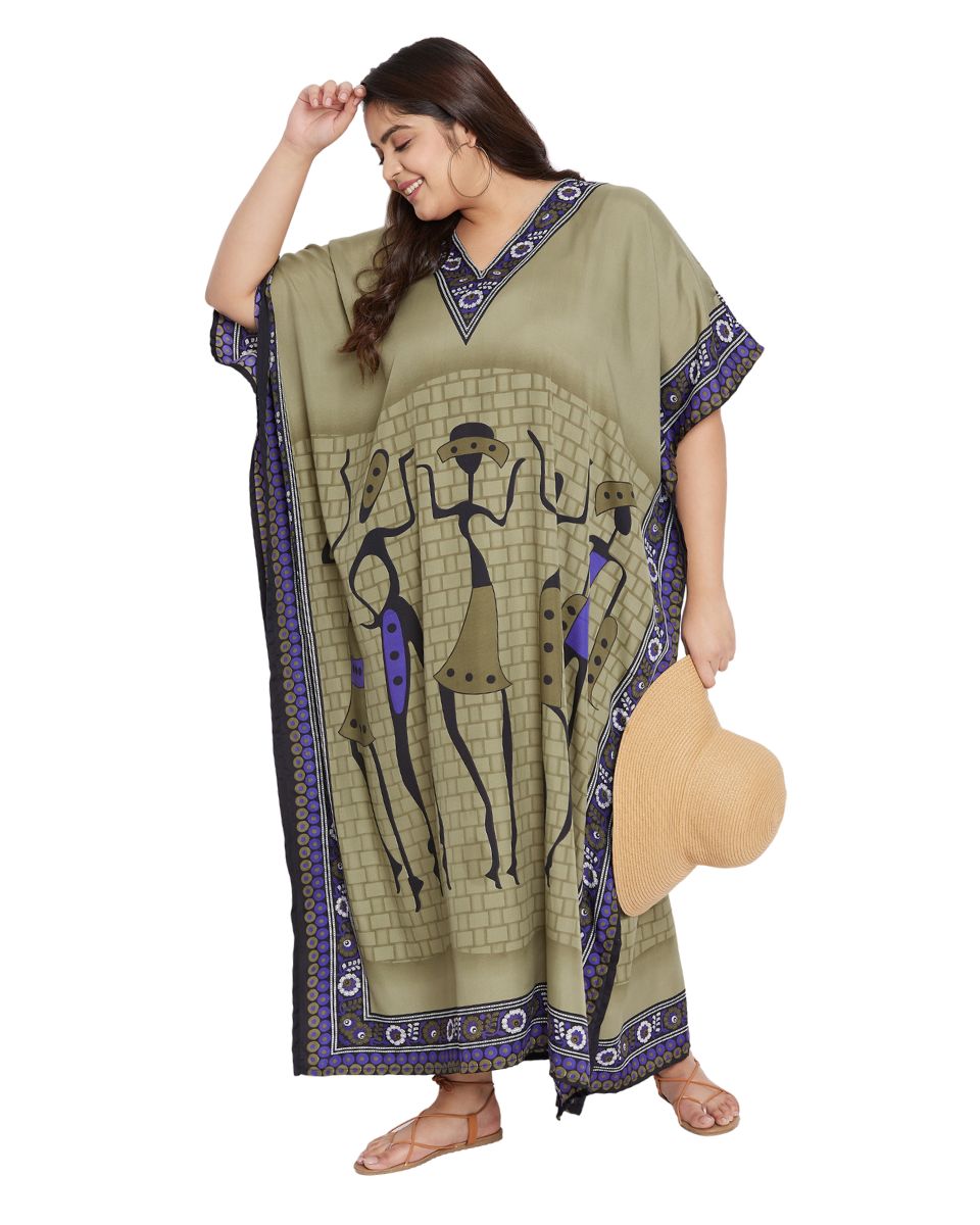 Women Plus Size Dress Tribal Printed Green Polyester Kaftan