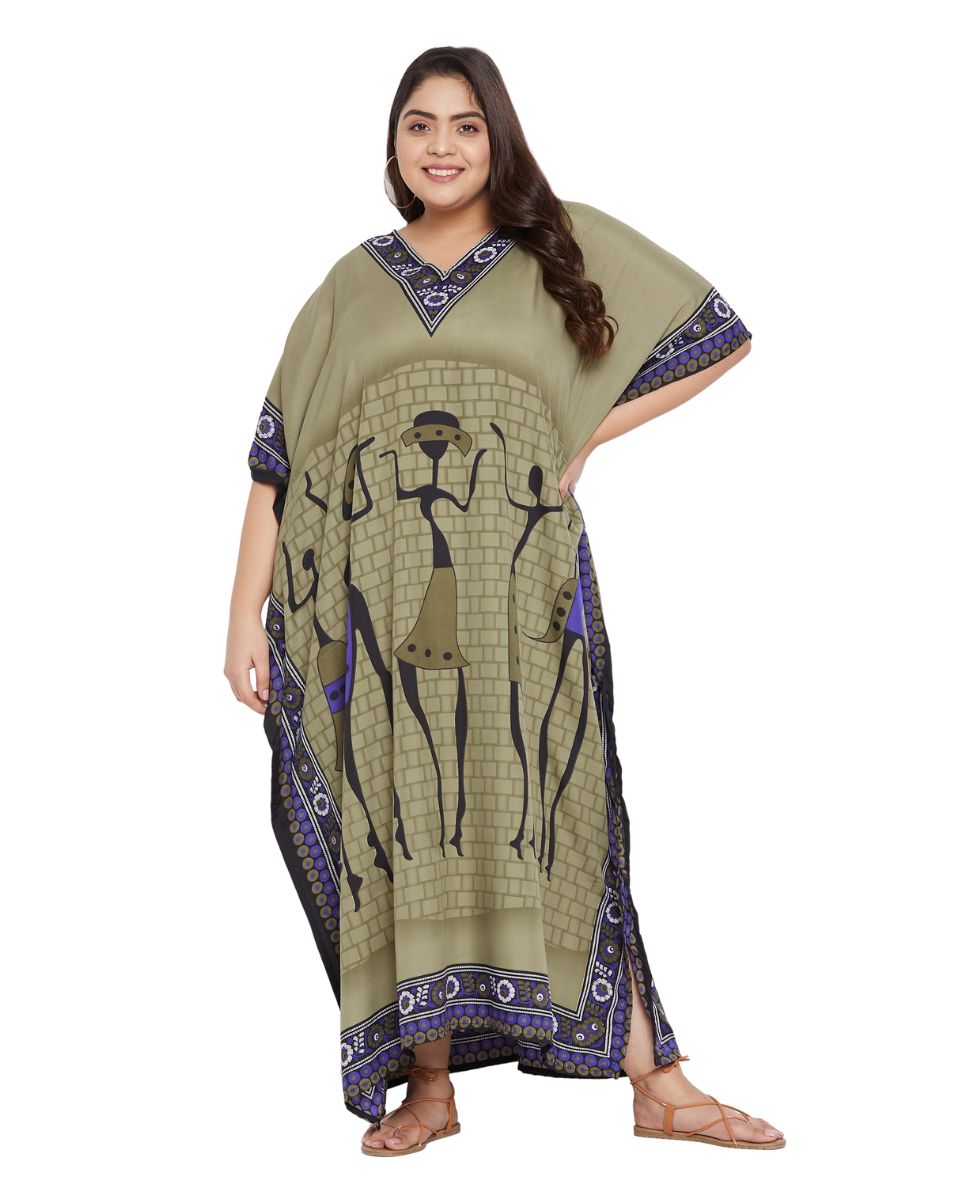 Women Plus Size Dress Tribal Printed Green Polyester Kaftan