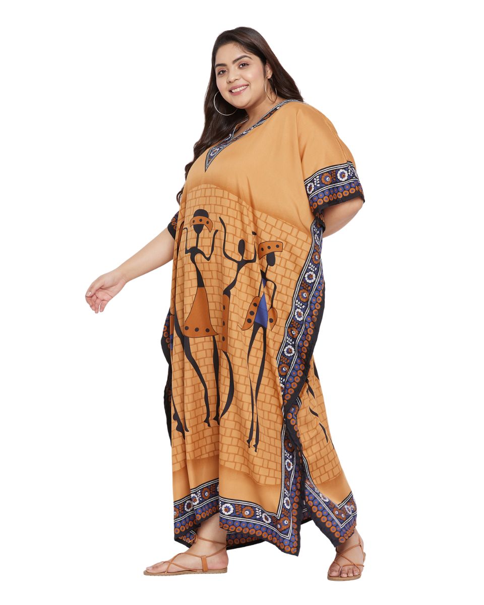Printed Tribal Yellow Polyester Kaftan Dress For Plus Size Women