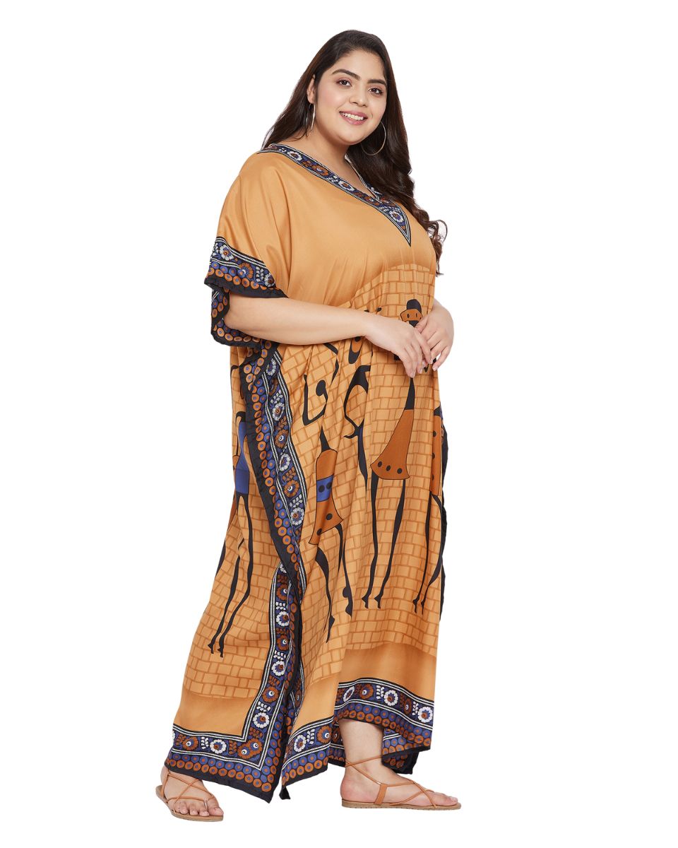 Printed Tribal Yellow Polyester Kaftan Dress For Plus Size Women