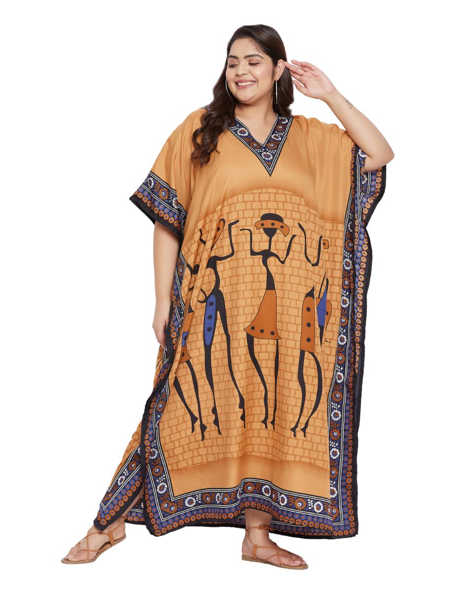 Printed Tribal Yellow Polyester Kaftan Dress For Plus Size Women