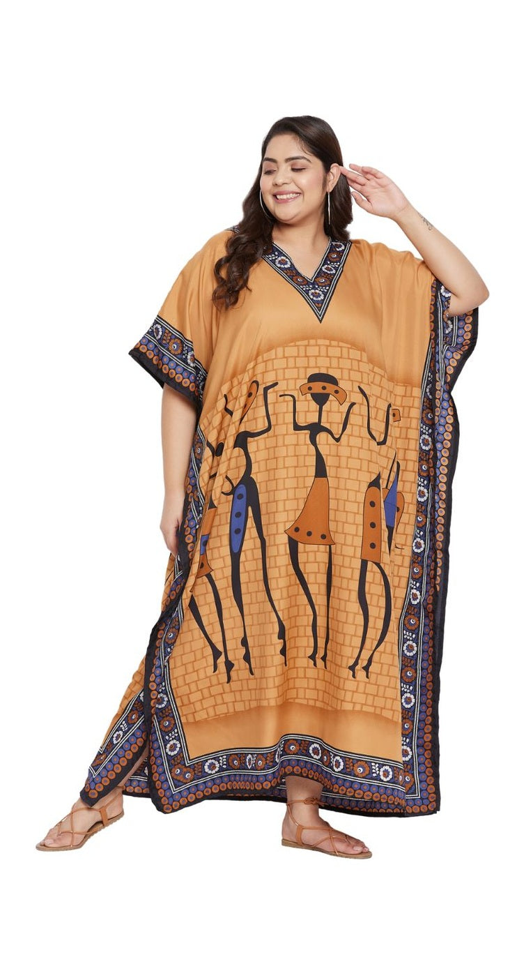 Printed Tribal Yellow Polyester Kaftan Dress For Plus Size Women - SKU SG152-8528 - Gypsie Blu