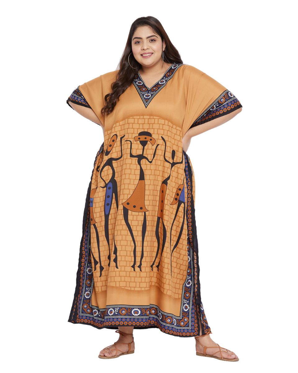 Printed Tribal Yellow Polyester Kaftan Dress For Plus Size Women